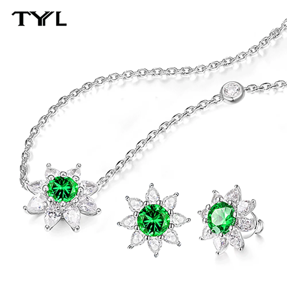 

TYYL Vintage 5mm Emerald Sapphire Ruby Sunflower Stud Earrings 925 Silver Lab Gemstone Moissanite Pendant Necklace Fine Jewelry
