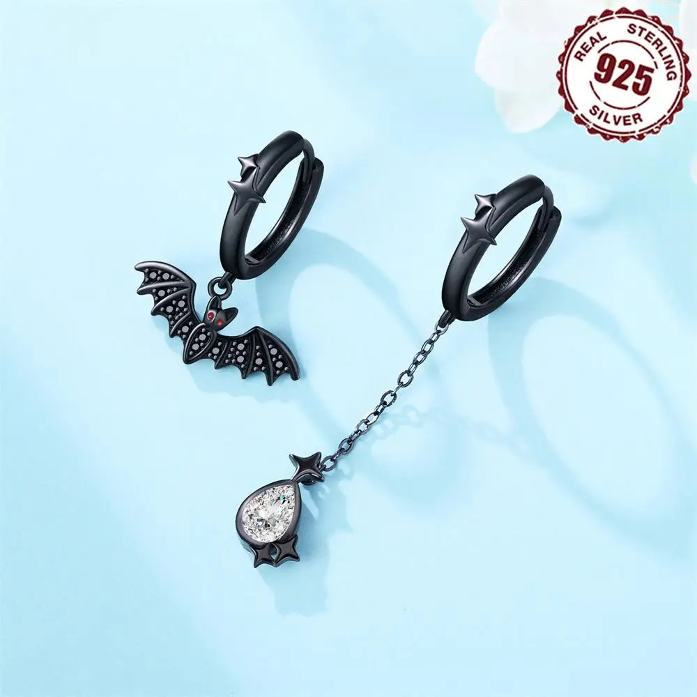 

Kitykiss Halloween Bat Asymmetric Drop Earrings Gothic Black Dangle Chain Ear Hoops