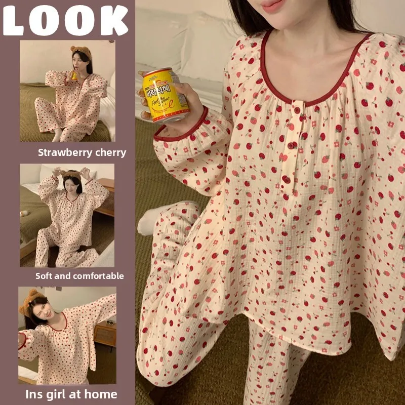 

Милое милое женское длинное брюки Stberry Spwear, повседневная домашняя одежда в стиле кантри, комплект из двух предметов, весна-осень