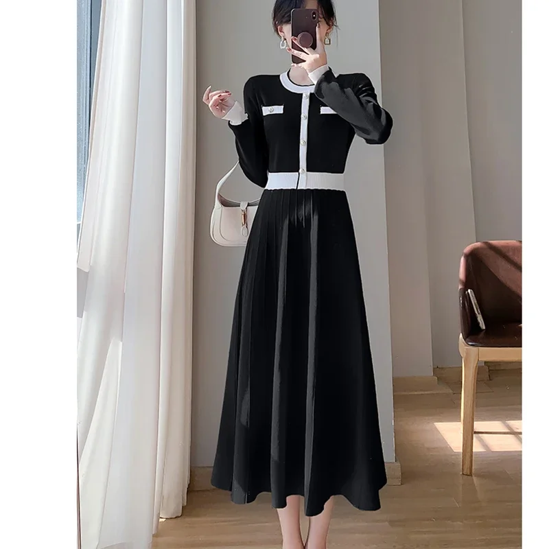 

Women's Retro O-Neck Knitted Dress Long-Sleeved Sweater Autumn 2025 Korean Style Warm Party Evening Vestido