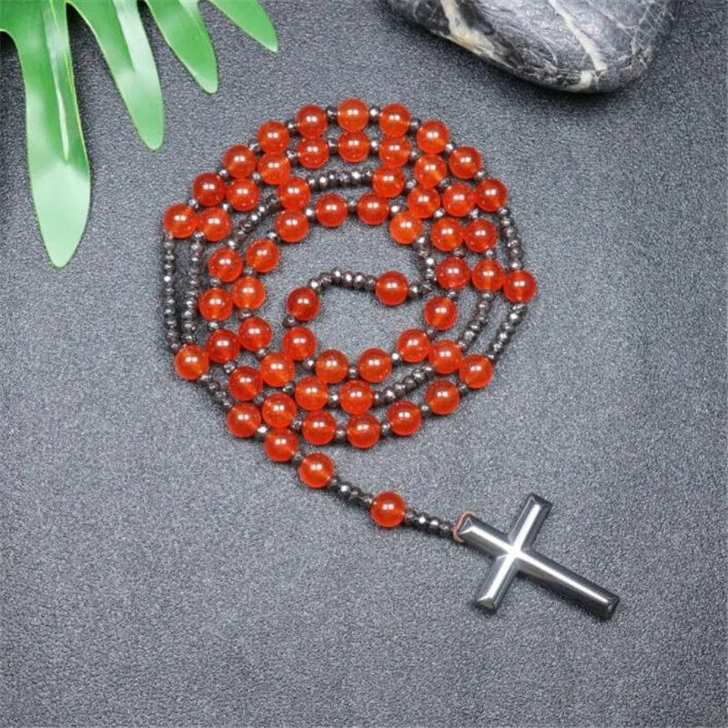 

Vintage sweater chain, natural red agate bead necklace+pendant, obsidian alloy set, men's jewelry, religious accessories