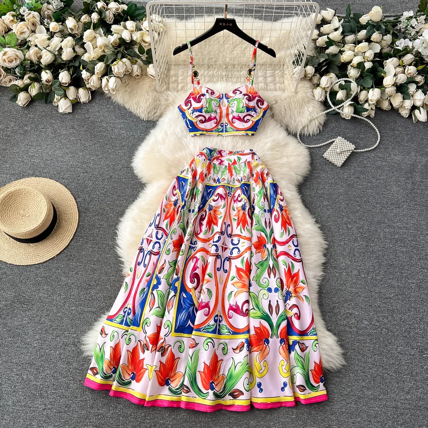 Runway Floral Two-piece Set For Women Summer Sexy Crop Tops Print A Line Maxi Long Skirts Suits Beach Outfits