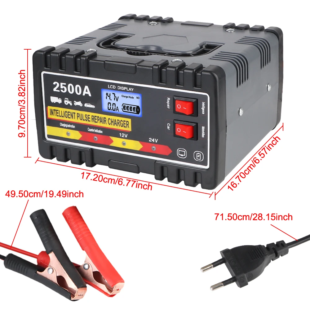 Cargador inteligente de reparación de pulso, 12V, 24V, 220W, pantalla LCD Digital, cargador rápido para coche, motocicleta, batería de plomo-ácido, enchufe europeo