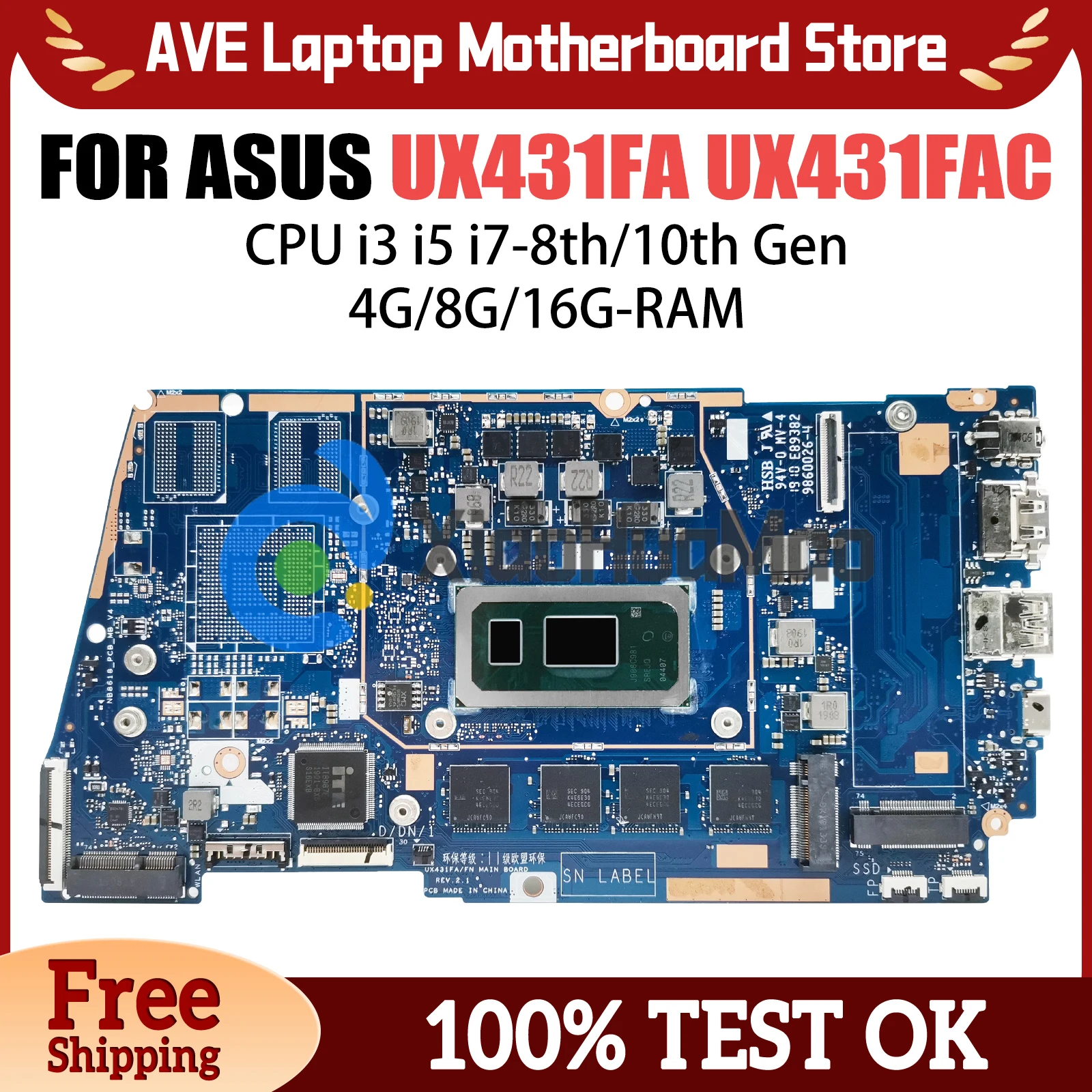 Computer Mainboard For ASUS UX431FAC RX431F BX431F UX431FN UX431FLC Laptop Motherboard I3 I5 I7 8th 10th Gen 4G 8G 16GB RAM