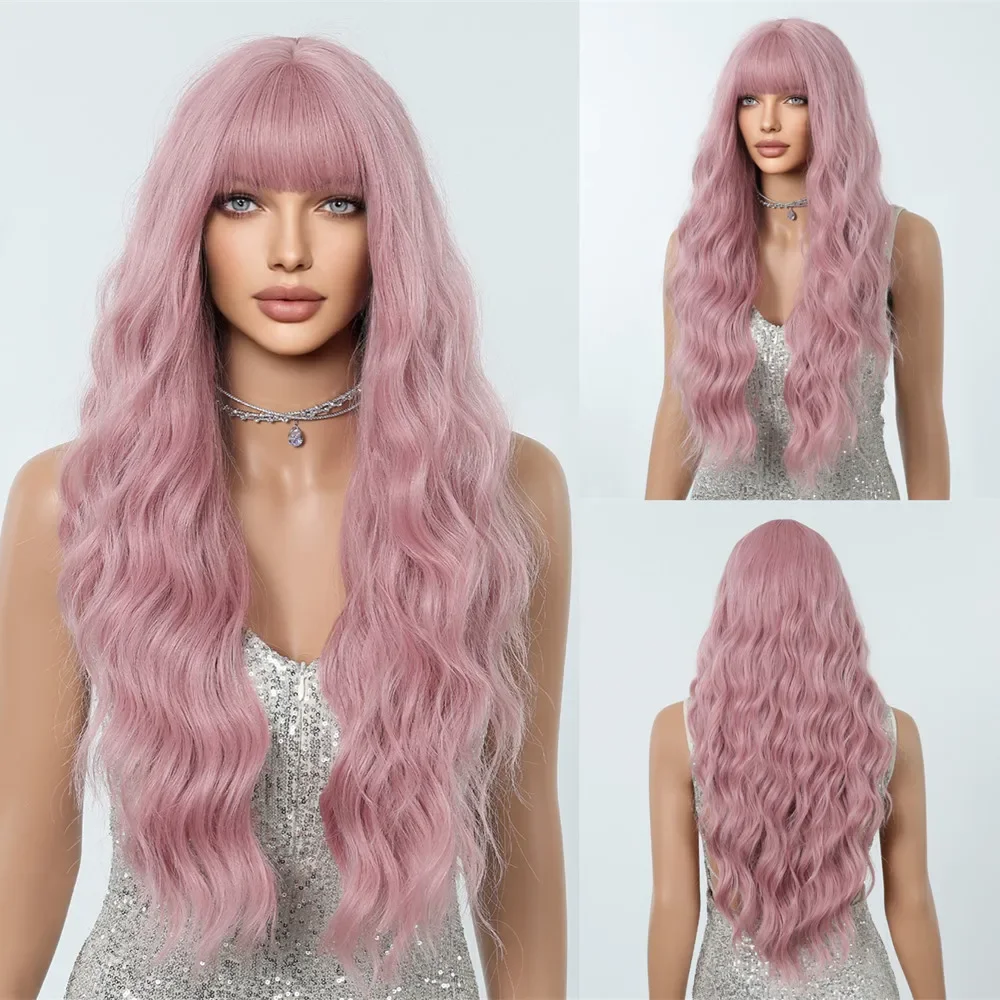 Peruca ondulada longa sintética com Franja, Destaque marrom, Ombre natural, Soft Daily Party Wigs, Mel marrom