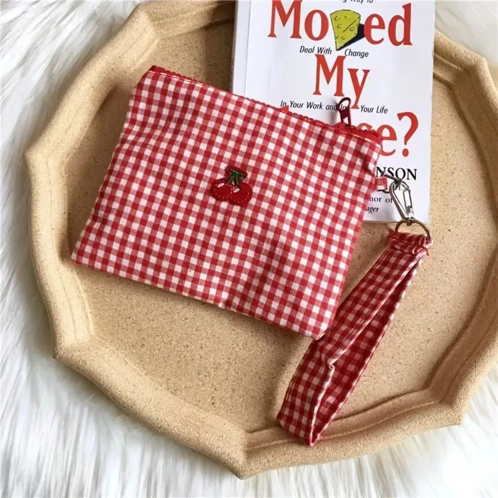 Popular Red Cherry Canvas Makeup Bag, Portable and Easy To Carry Red Plaid Large Capacity Cosmetic Lipstick Storage Bag