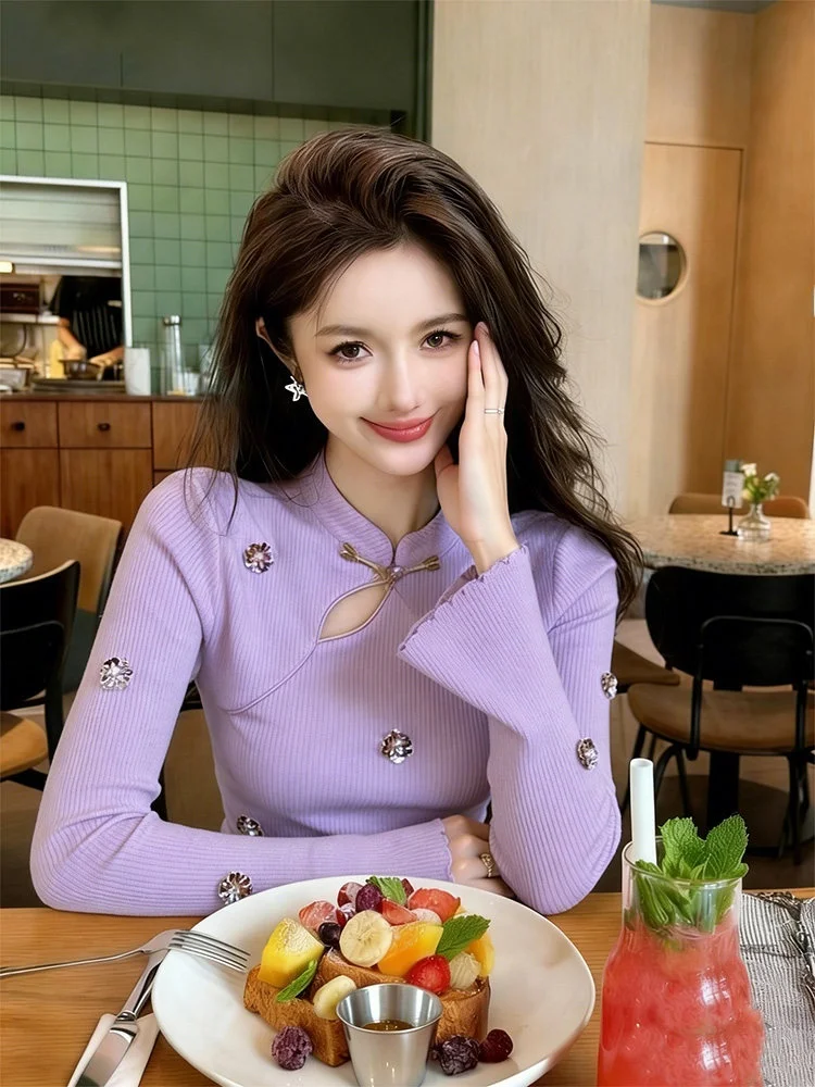 

New Chinese Sle Women's Knitted Top Waist-Cinching Purple Decorative 3D Knitwear Commute Faion Mid-weight Long Sve