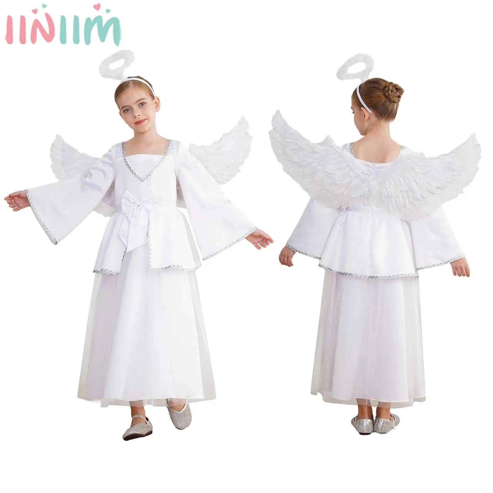 4-16Y Girls Angel Cosplay Dress Halloween Theme Party Goddesses Deity Role Play Costume Long Sleeve Satin Mesh Princess Gown