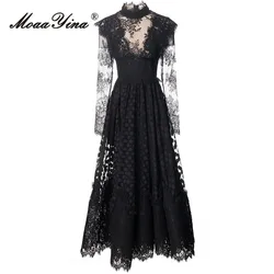 MoaaYina Autumn Fashion Designer Black Vintage Lace Dress Women Stand Collar Long Sleeve Perspective Mesh Slim A-LINE Long Dress