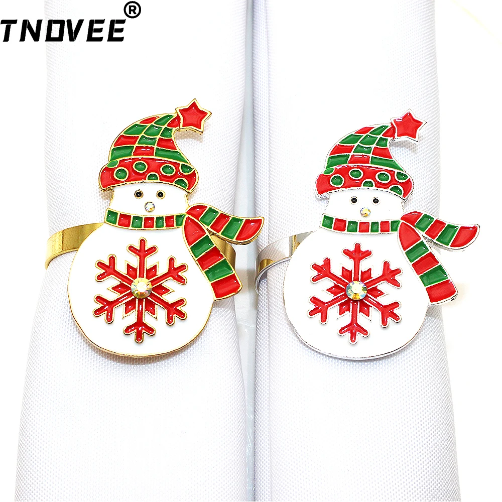 6Pcs Christmas Snowman Napkin Rings Rhinestone Snowman Napkin Holder Metal Table Ring for Christmas Wedding Party Table Decor