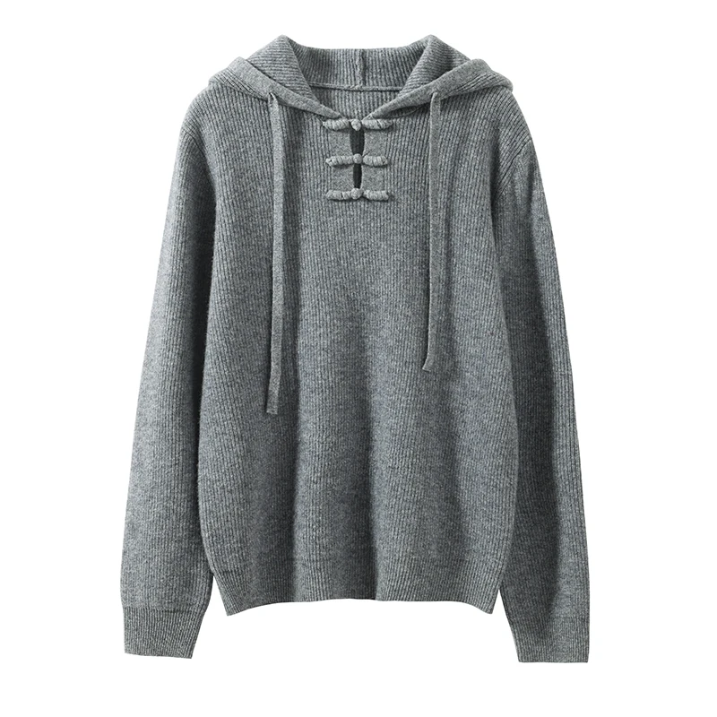 Nowy, elegancki sweter damski w stylu chińskim z kapturem, zapinany na guziki, jesienno-zimowy, wykonany w 100% z wełny merino, z regulowanym sznurkiem, swobodny, dzianinowy top.