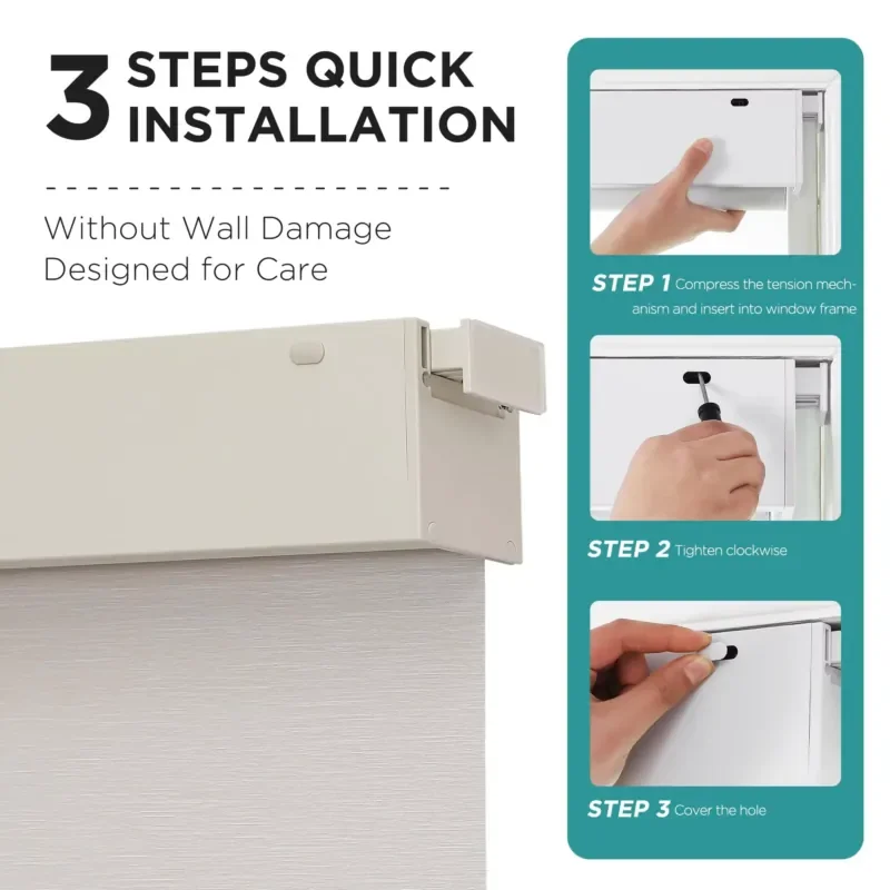 No Drill Blackout Shades Free-Stop Cordless Roller Shades Thermal Insulated Blinds for Indoor Windows Easy Install Window