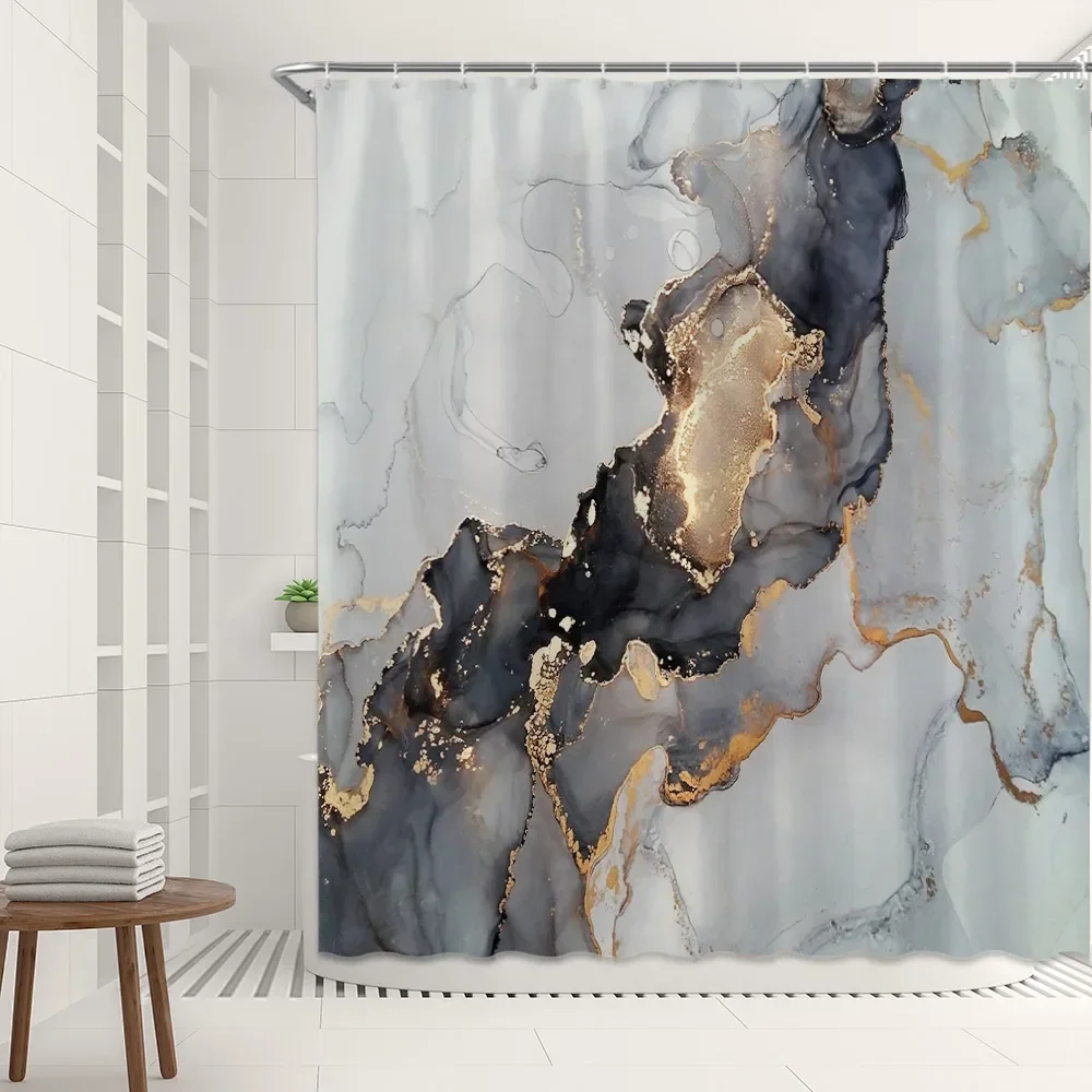 Luxury Abstract Fabric Shower Curtain Modern Black and Gold Marble Art Bathroom Shower Curtain Sets Ink Texture Bathroom Curtain