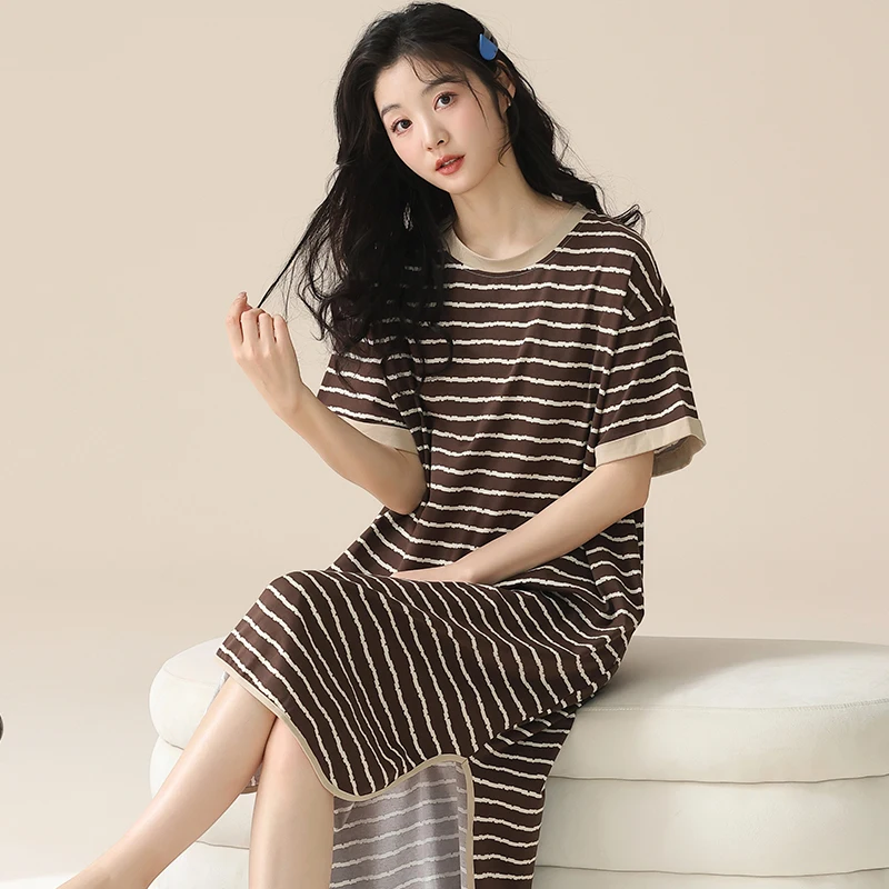 Summer Stripe Sleep Dress Women's Cotton Short Sleeve with Chest Pad 2025 New Style Youth Sleepwear Can Be Worn outside