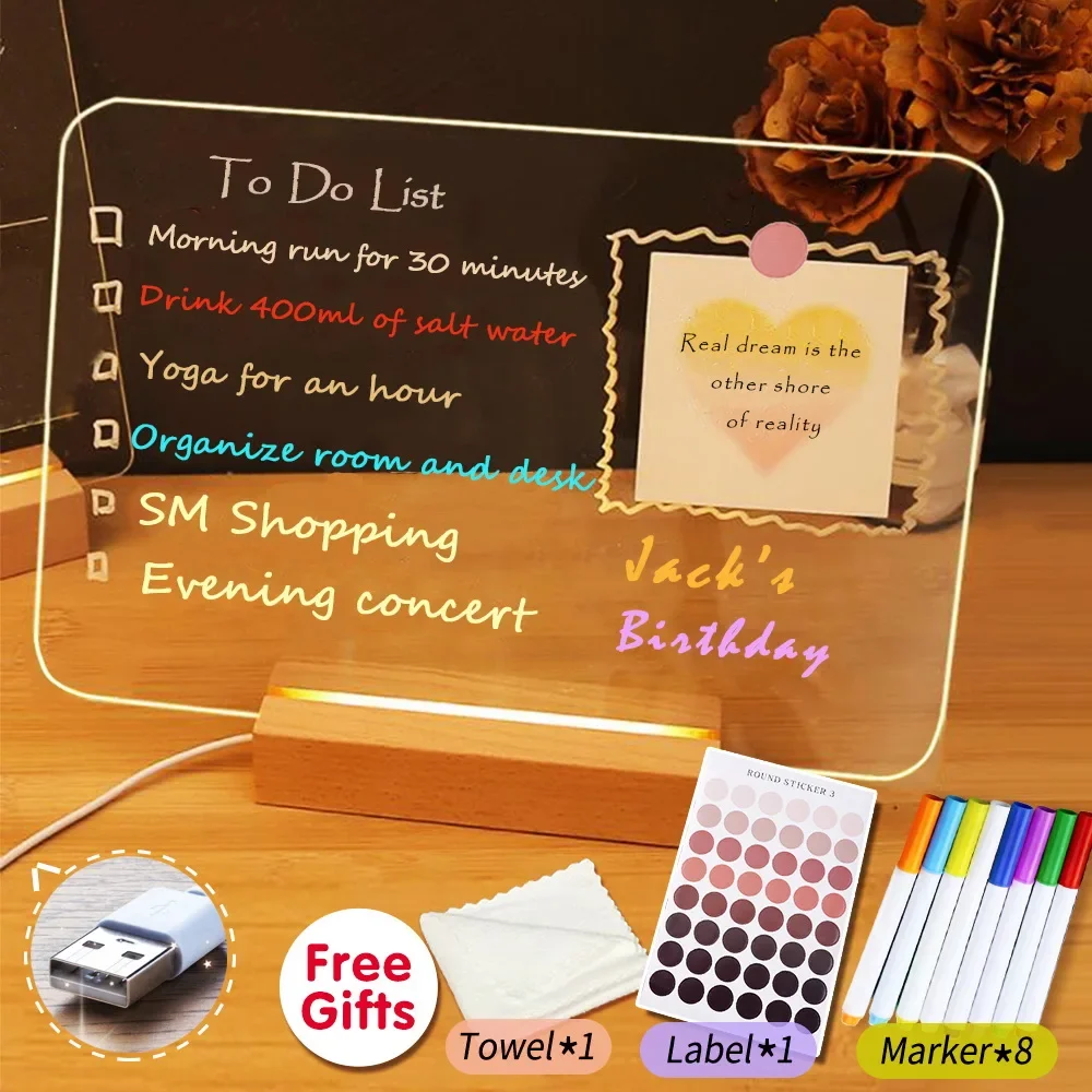 LED Illuminated Acrylic Memo Board with Beech Wood Stand Creative Fluorescent Daily Reminder Planner Message Holder New Arrival