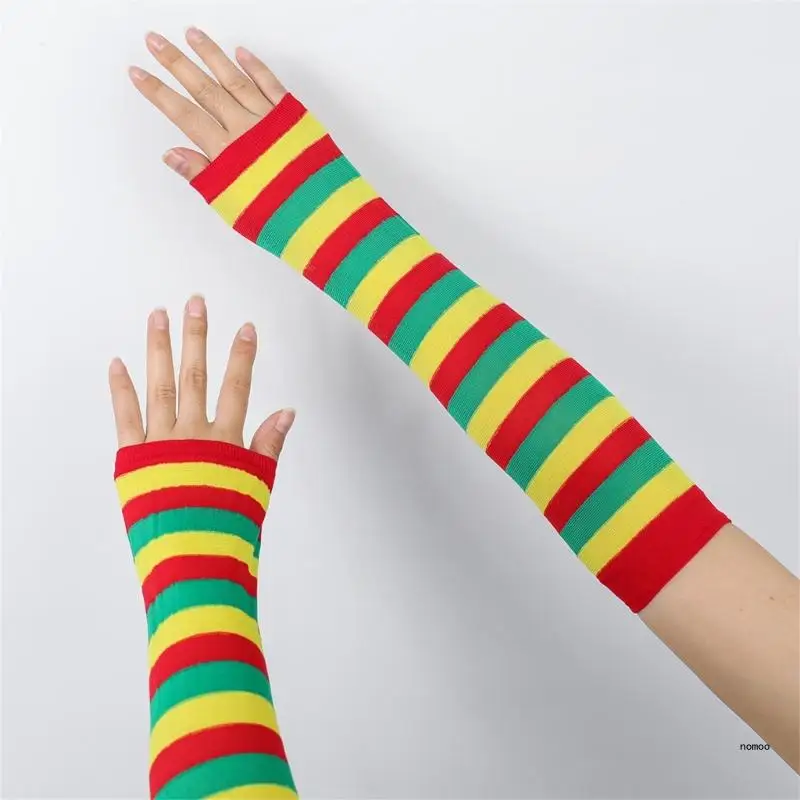 1pair Comfortable Stripe Gloves Unisex Winter Warm Knitted Mittens Arm Warmers