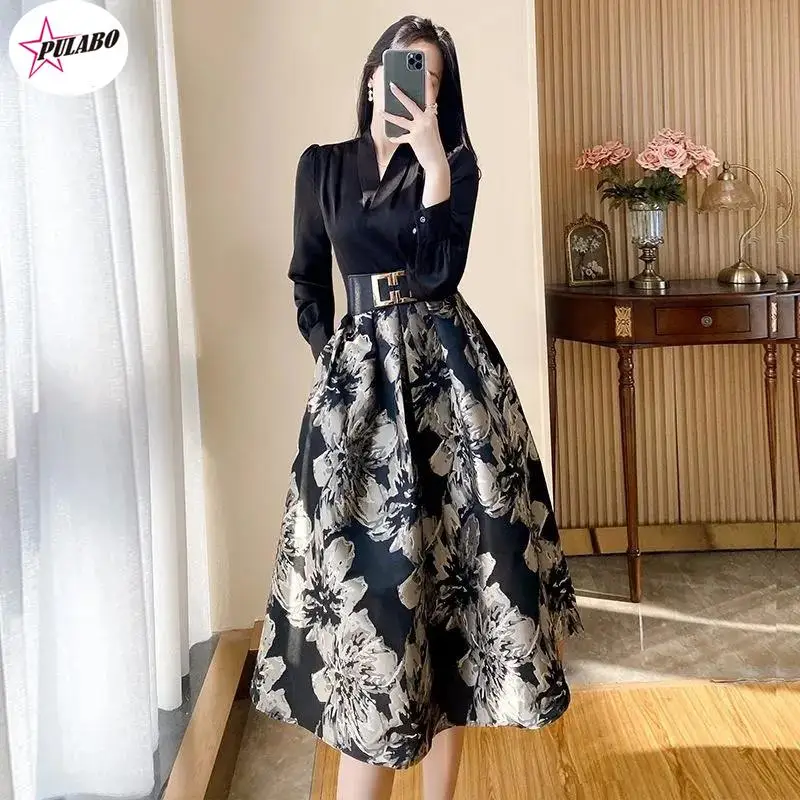 

PULABO Women's Printed Dress Autumn 2024 New Luxury Celebrity Temperament French Fake Two Piece Long Sleeve Dress Female