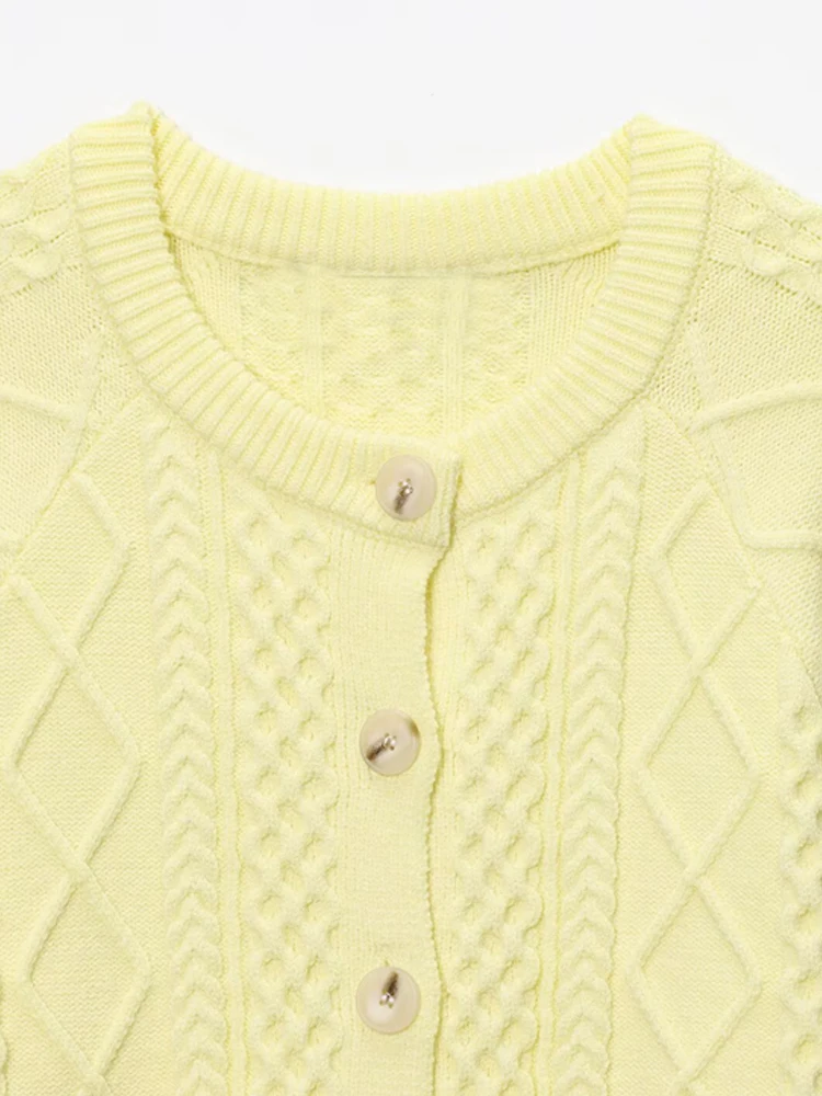 Kardigan Rajut Kabel Warna Kuning Muda untuk Wanita, Sweater Lengan Panjang Kancing Depan, Atasan Luaran Wanita yang Chic