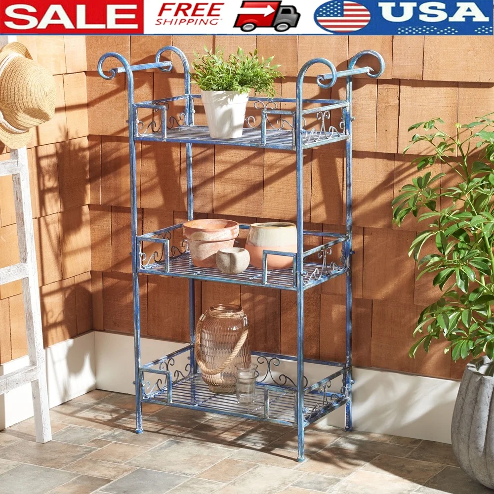 

Contemporary Outdoor 3 Tier Shelf Vintage Iron Garden Stand Freestanding Storage Display Patio Porch Outdoor Living