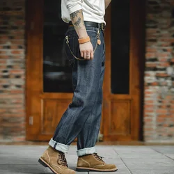 Maden Vintage Denim Jeans Washed Straight Pants Mid Waist for Men 13.5 Oz Heavy Weight Indigo Selvage Jeans Double Layer Pockets