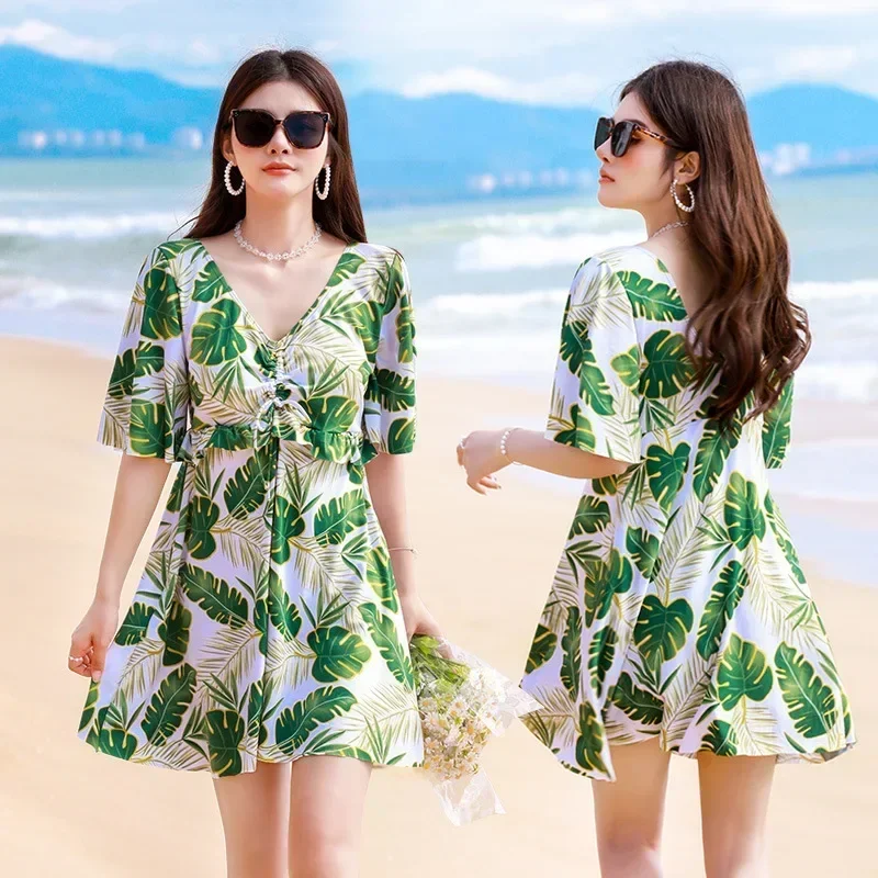 Traje de baño Sexy de una pieza para mujer, vestido de Bikini, minifalda, traje de baño de moda para mujer, vestido de manga corta, traje de baño de playa de cintura alta