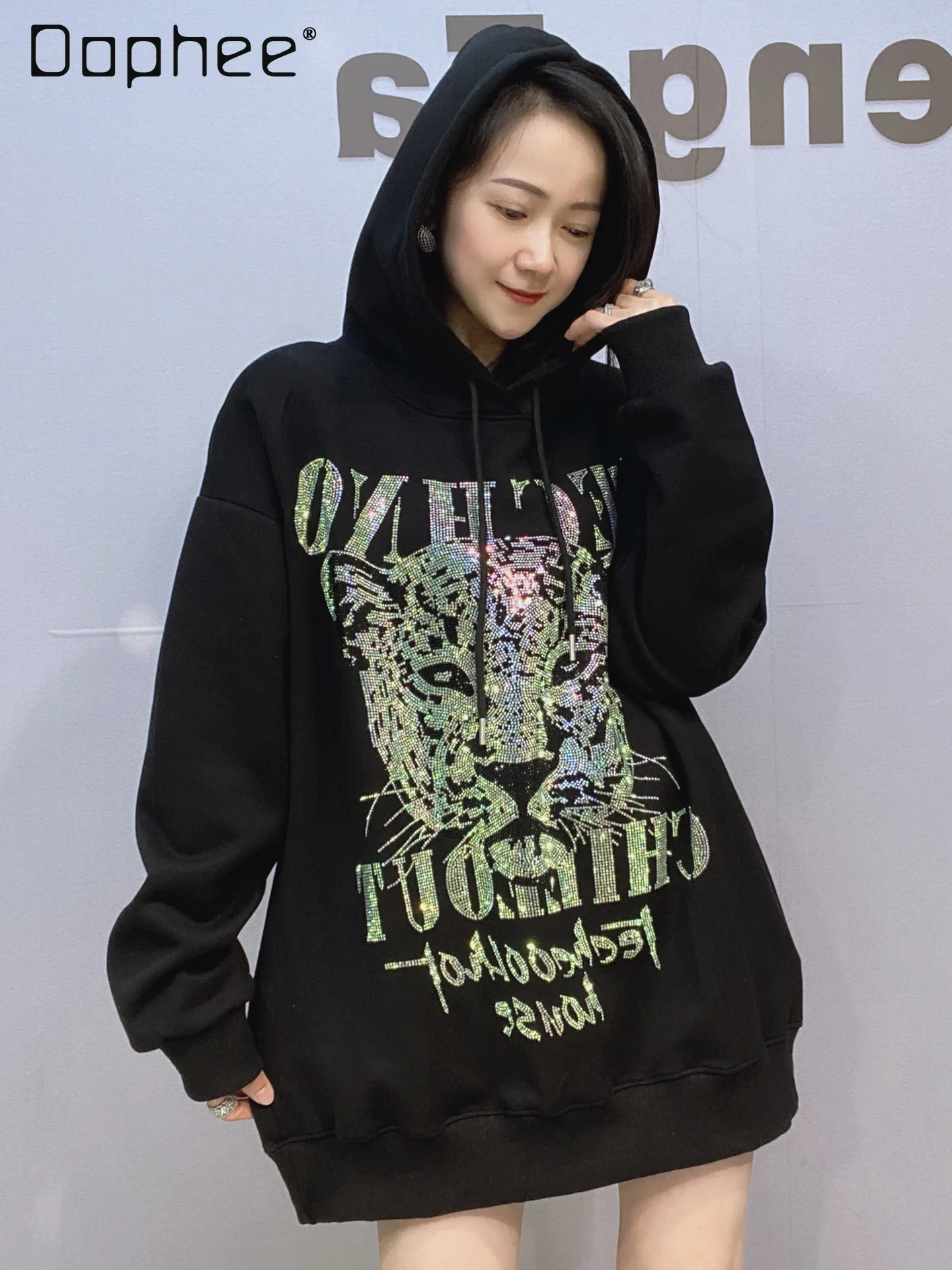 

Spring Autumn New Long Sleeve Mid Length Hooded Sweatshirts Women Cartoon Trendy Vintage Hot Diamond Sparkle Top Black