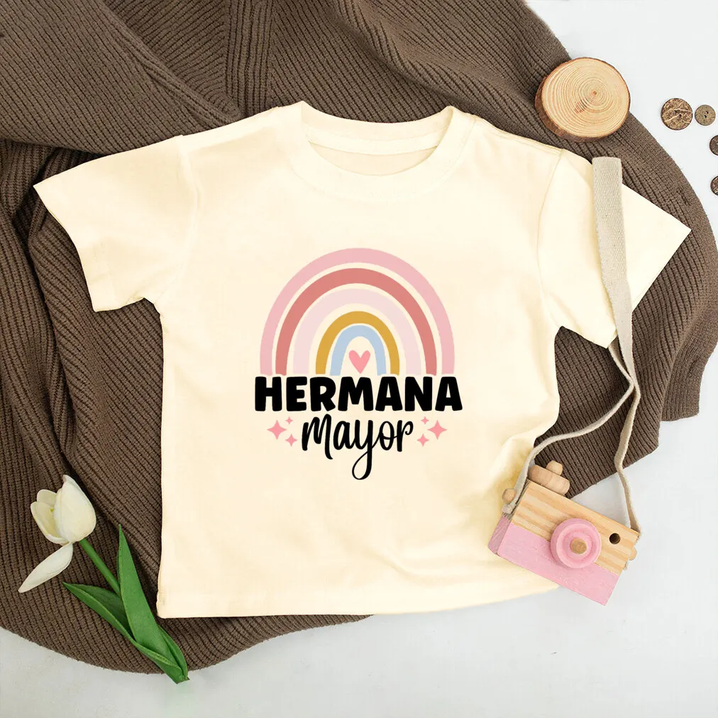 Rainbow Big Sister Spanish Print Shirt Pregnant Announcement Clothes Retro Big Sister T-shirt Outfit Girls Short Sleeve Tops Tee