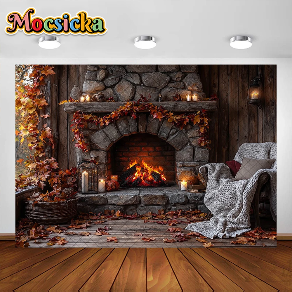 Осенний фон для фотосъемки с изображением кленового листа и камина