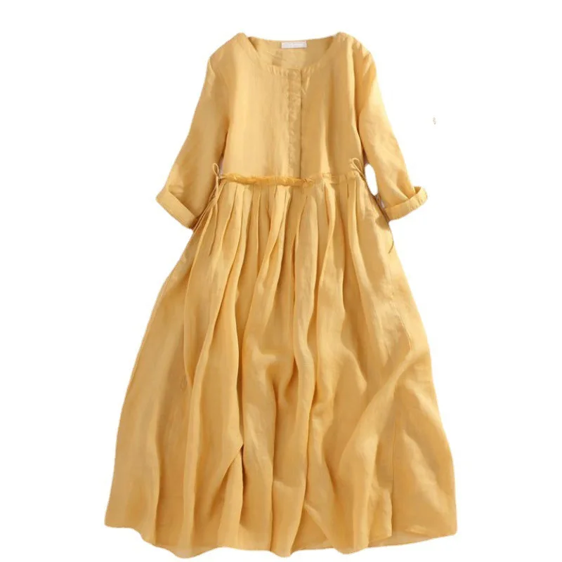Yellow Long Sleeve Empire Waist A-Line Dress Casual Loose Fit With Drawstring Detail Spring Summer Women's Wear