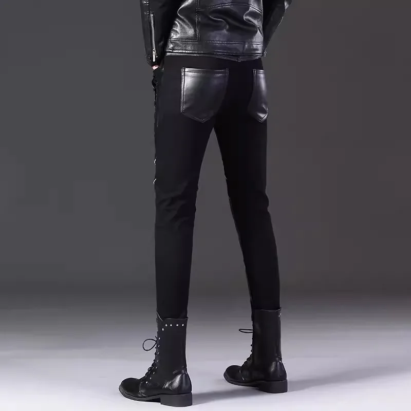 2024 Men Black Leather Pants Gothic Trousers Motorcycle Fashion Windproof Patchwork Luxury Fashion Korean Stage Singer Costume