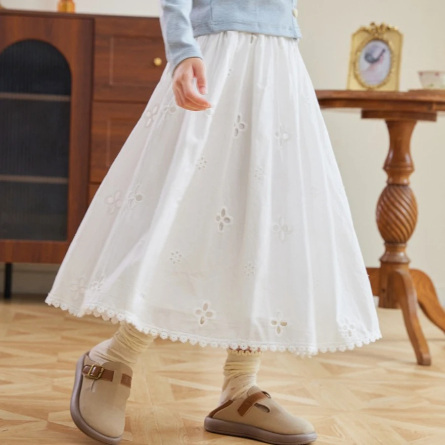 

School Teens Girls White Embroidery Skirt Spring/Autumn Lace Flower Hollow-out Skirt Casual Versatile Cotton Skirt for Toddler