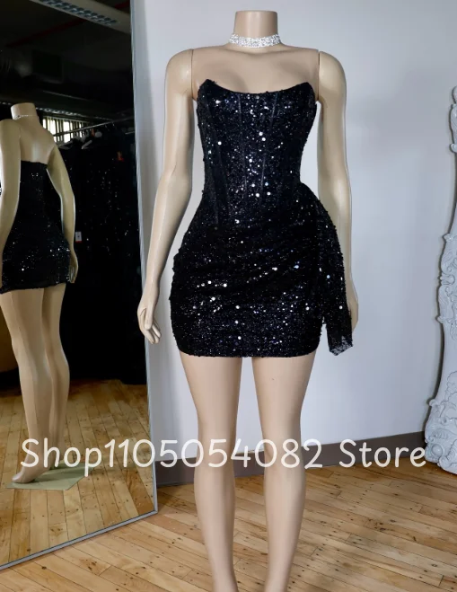 Curto preto sexy personalizado vestidos de baile sem alças sem mangas lantejoulas plissado mini festa de aniversário vestidos de noite