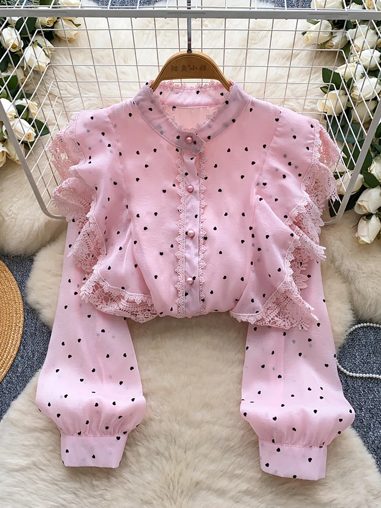 

French Sweet Long Sleeved Blouse Women's Clothing Spring Autumn New lace Ruffle Edge Polka Dot Printed Chiffon Shirt Top W95