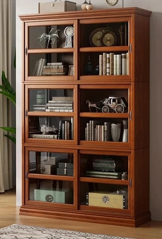 TTSolid Wood Bookcase with Glass Door Dustproof Household Vintage Display Cabinet Sliding Door Bookshelf against the Wall