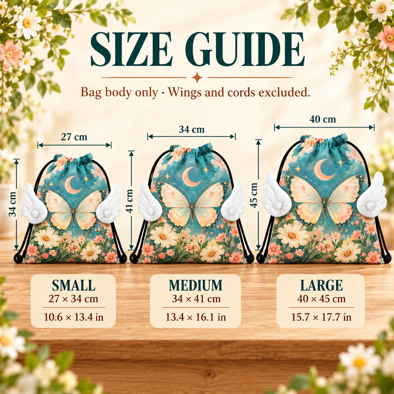 Custom Photo Wing Drawstring Backpack Personalized Double Sided Print Pongee Bag Machine Washable for Gym Trips and Everyday Use