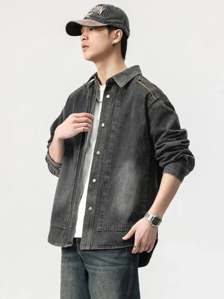 

Свободное ковбойское пальто с лацканами для мужчин, корейская потертая высококачественная японская мужская одежда в стиле ретро в стиле рок Y2k, эстетические джинсовые куртки в стиле пастушки, мужские