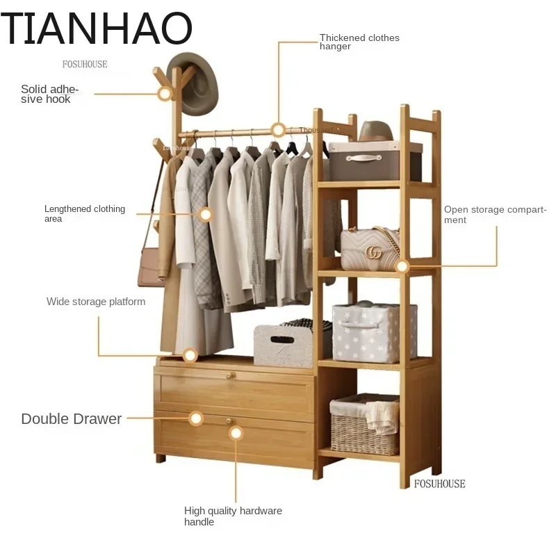 Modern Bedroom Furniture Bamboo Apartment Floor-standing Wardrobes Storage Locker Home Open Closet Coat Rack Clothes Organizer