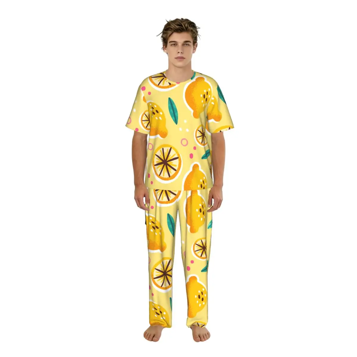 

Летняя домашняя одежда для сна: комплект с лимонным принтом, короткий рукав, длинные брюки