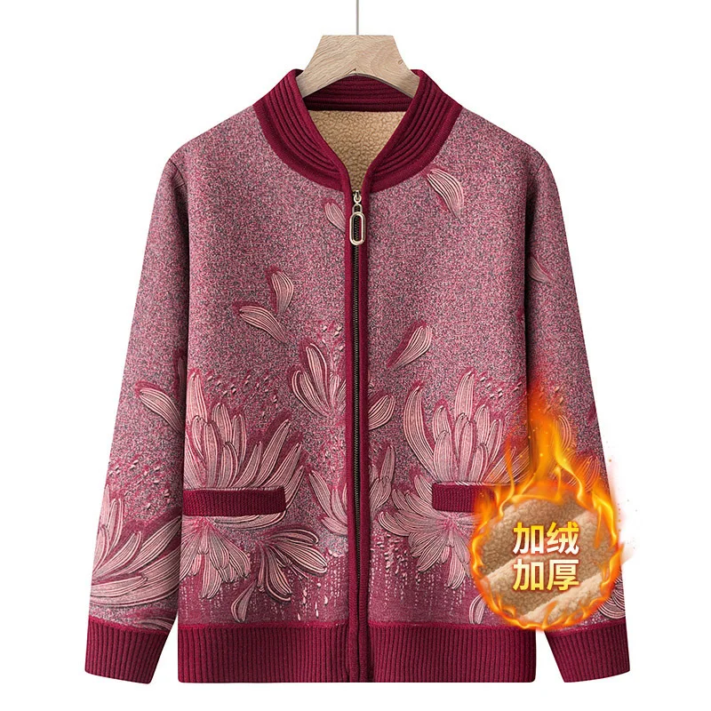 

Middle-Aged Elderly Grandma Sweater Women Velvet Zipper Print Cardigan Sweater Coat Women Clothes AutumnWinter Knitted Outerwear