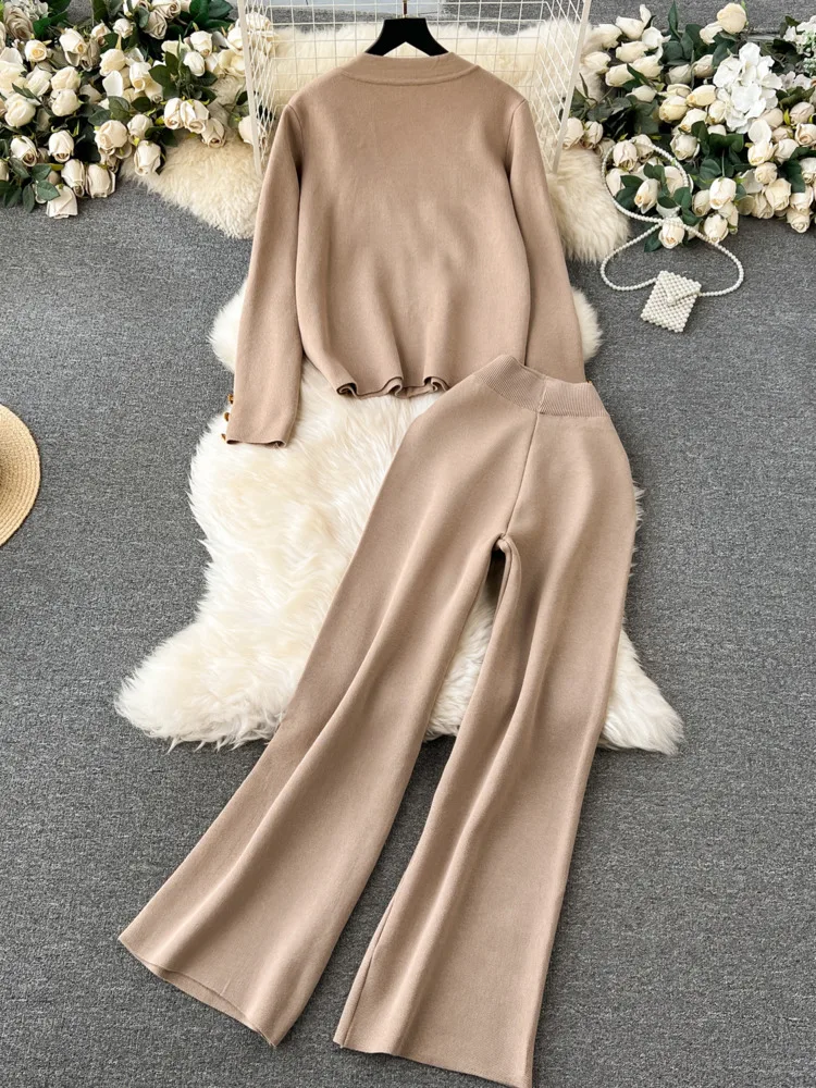 Fashion Knitted Women Suits Single Breasted Gold Button V Neck Cardigan+Wide Legs Long Pants Autumn Winter Loose Sweater Sets