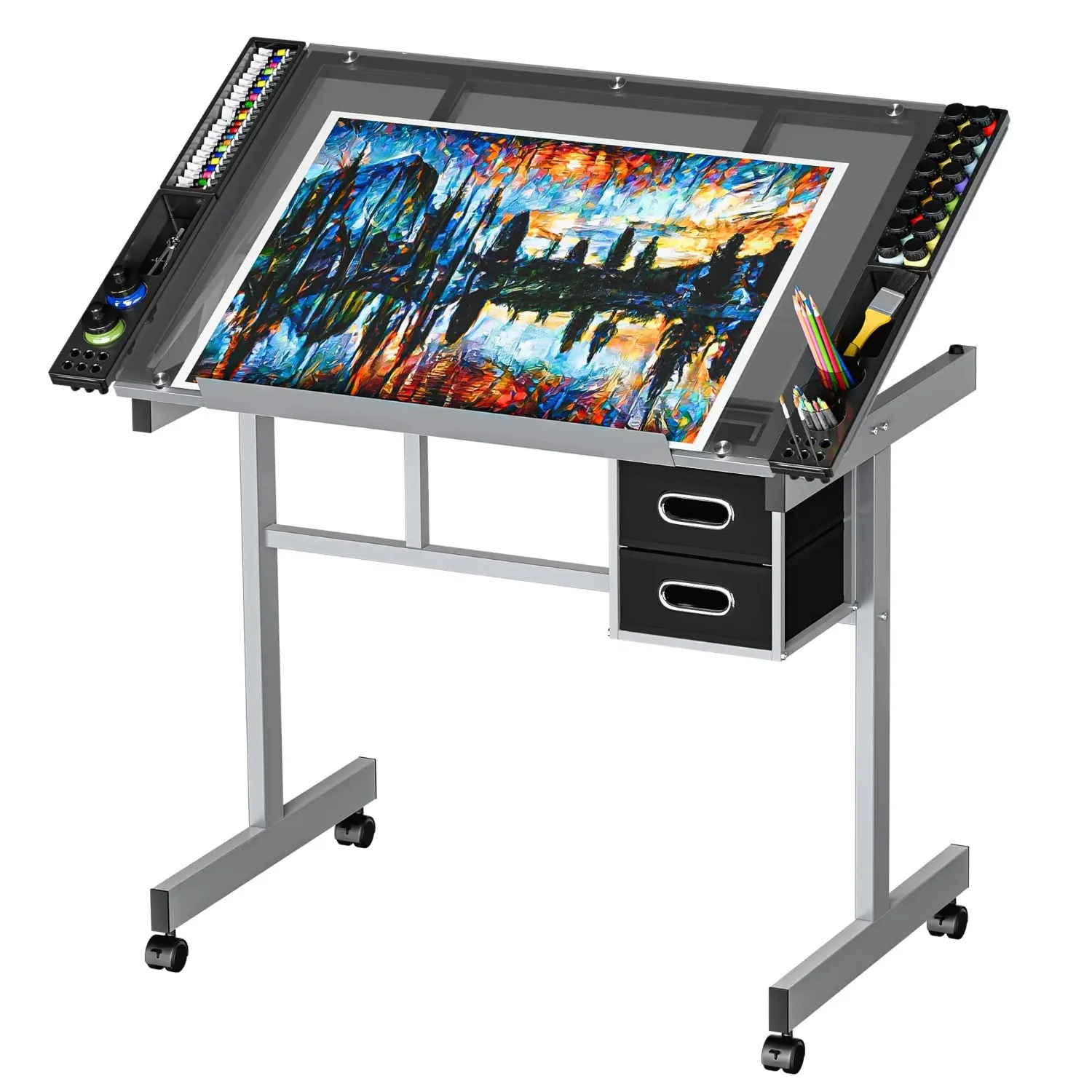 Drafting Table on Wheels with Storage Drawers, Adjustable Glass Tabletop, Craft Table Drawing Desk Artist Hobby Table