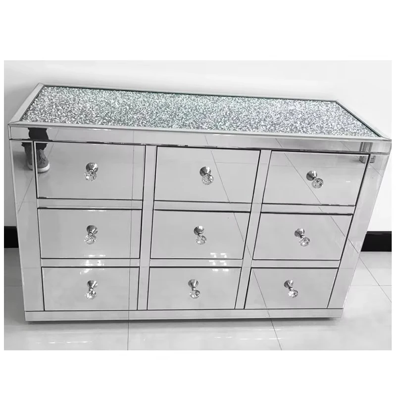 Silver Crushed Diamond Crystal Mirrored 6 Drawer Chest Furniture