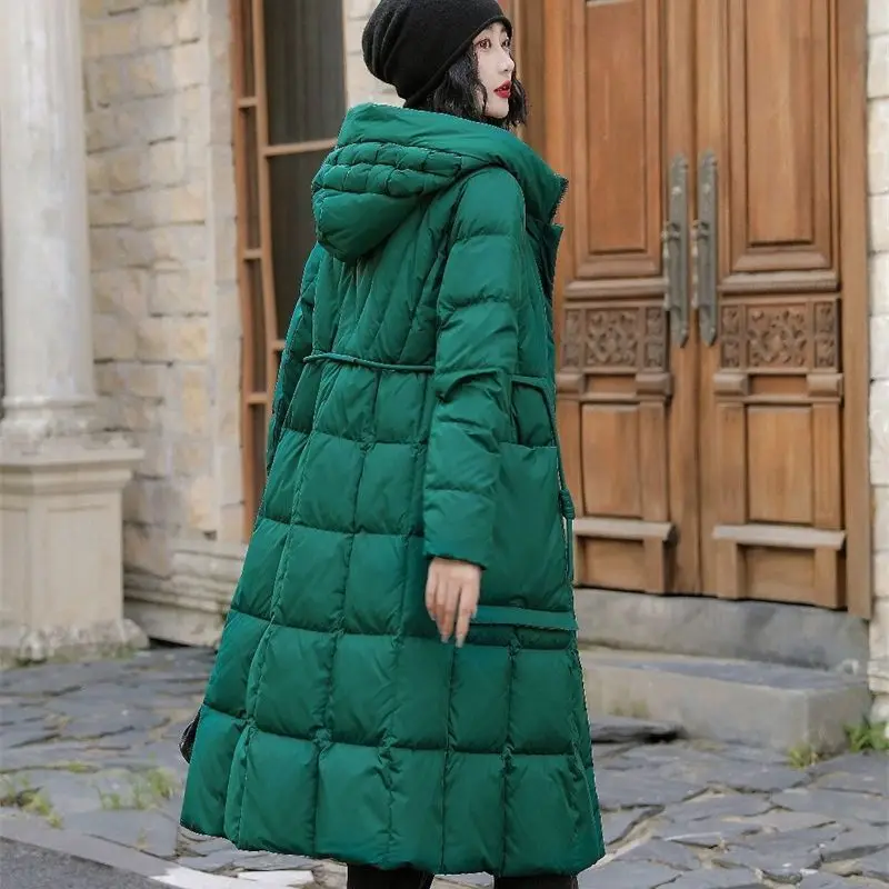 Winter Women's Down Jacket Hooded White Duck Down Lace Up Warm Down Jacket