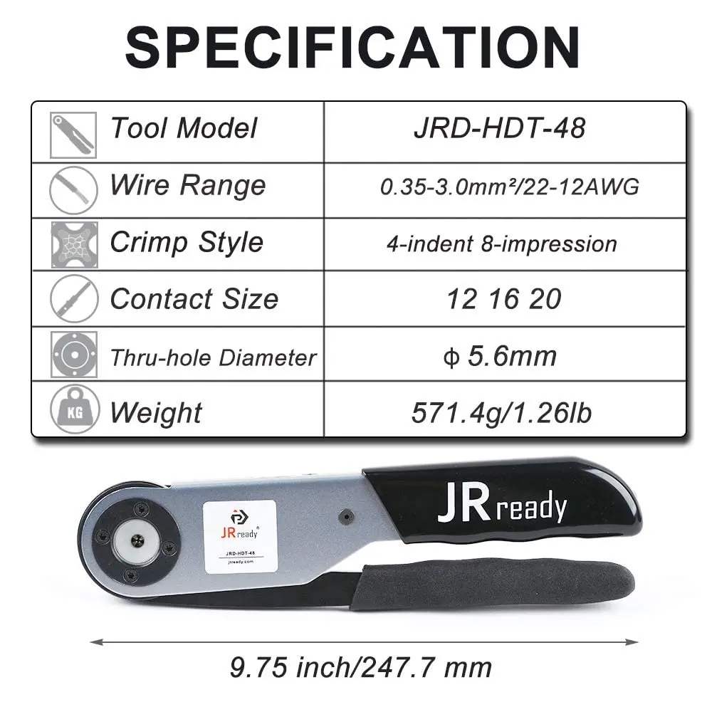 JRready JRD-HDT-48 Replacement with Deutsch Crimper / HDT-48-00 Solid Contacts Crimping Tool Wire Range 12-22AWG