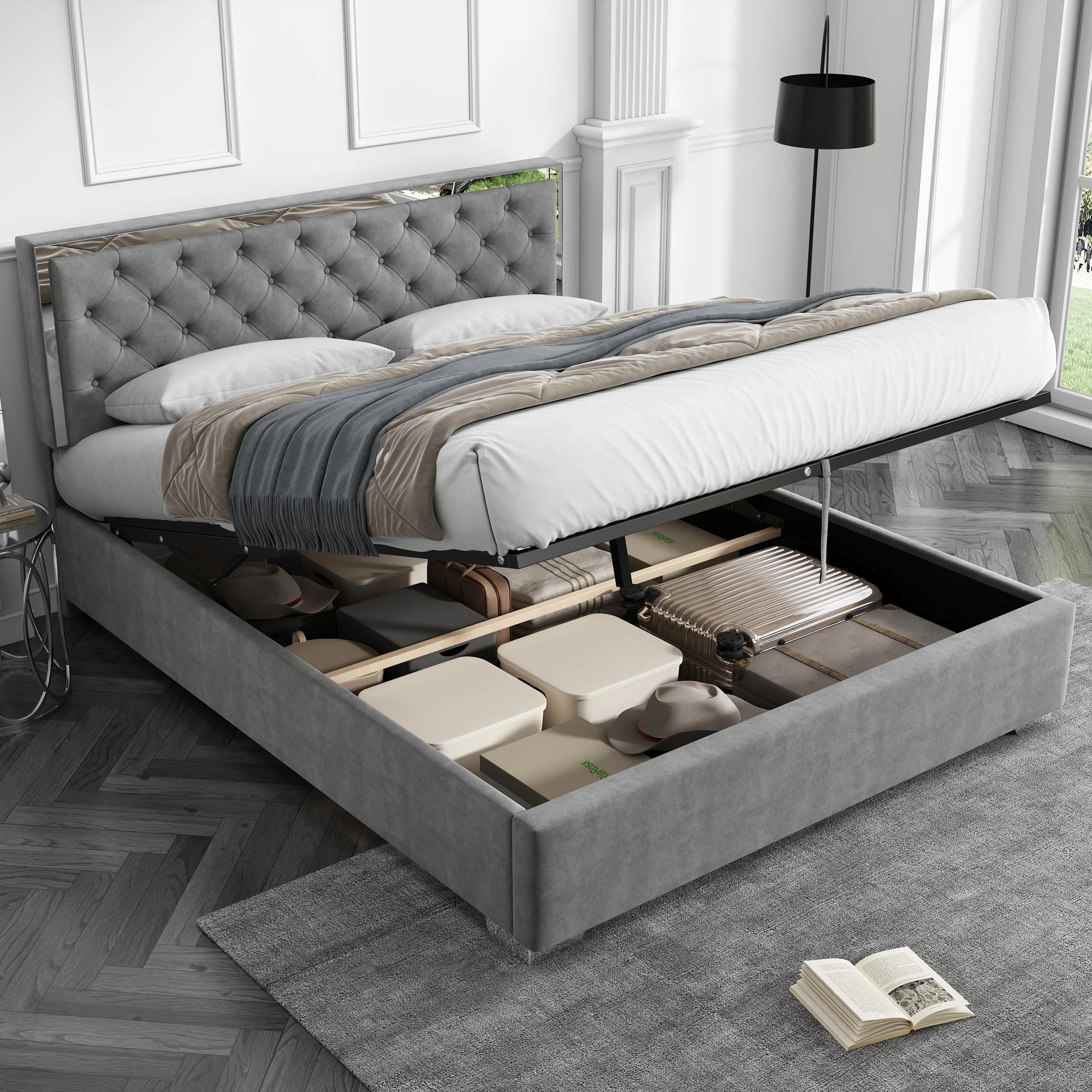 Bed, 160x200 cm, velvet headboard with button placket, stainless steel head and foot with storage, Gray