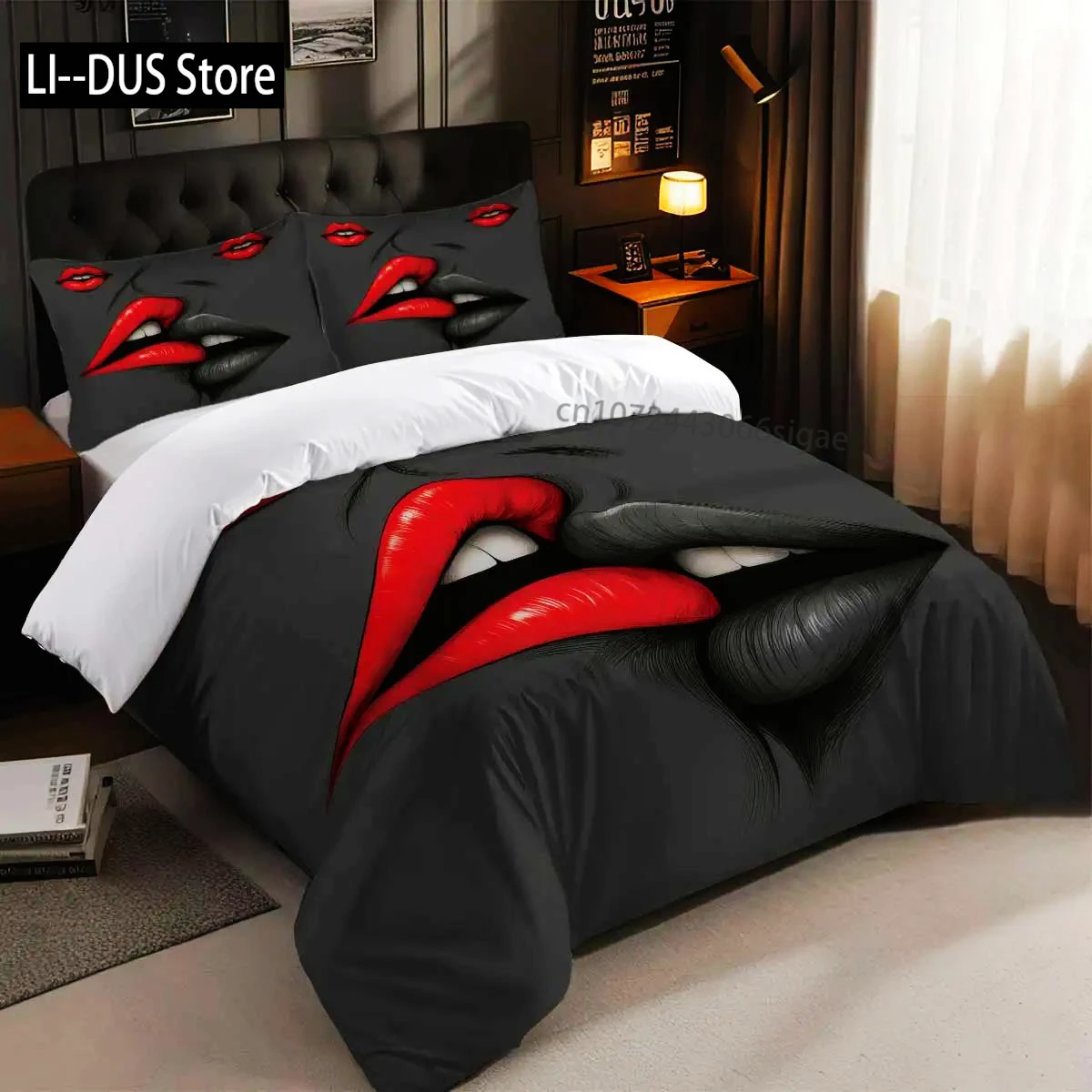 طقم سرير مطبوع بنمط الشفاه 1 غطاء لحاف + 2 كيس وسادة مناسب لغرفة نوم الأزواج والكبار، ديكور المنزل