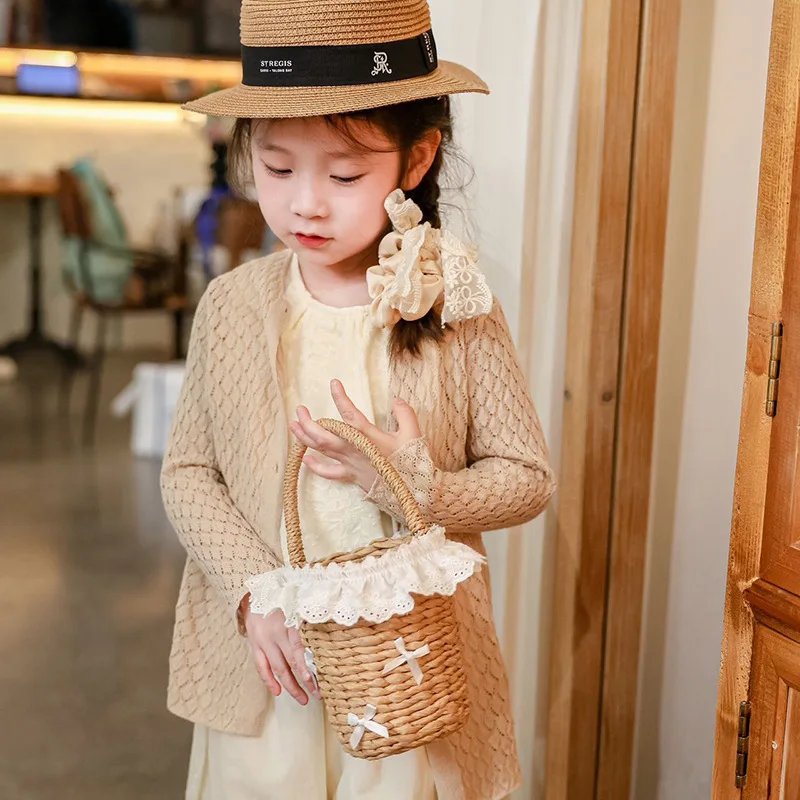 Sac à main de plage en paille de dentelle pour enfants, sacs à main tissés mignons, panier de voyage, fourre-tout d'été pour enfants, doux nœud papillon, bébés filles initiées