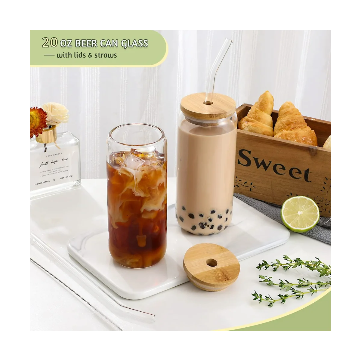 20Oz Clear Frosted Sublimation Blanks Glass Mason Jar Beer Can Glass Cup with Bamboo Lid