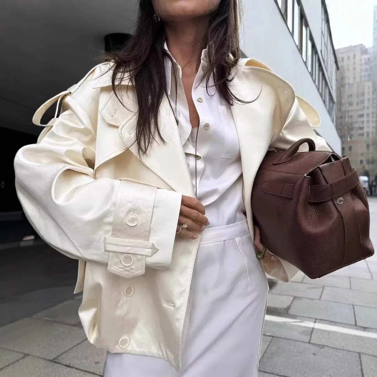 

Женский Тренч в уличном стиле в стиле ретро, осенний двубортный однобортный плащ с отложным воротником и длинными рукавами, чистая белая короткая куртка