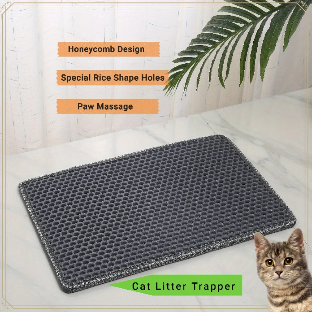 Double-Layer Honeycomb Cat Litter Mat, 21x14 inches, Waterproof & Urine-Proof, Rice-Shaped Holes for Paw Cleaning, Non-Slip, Non